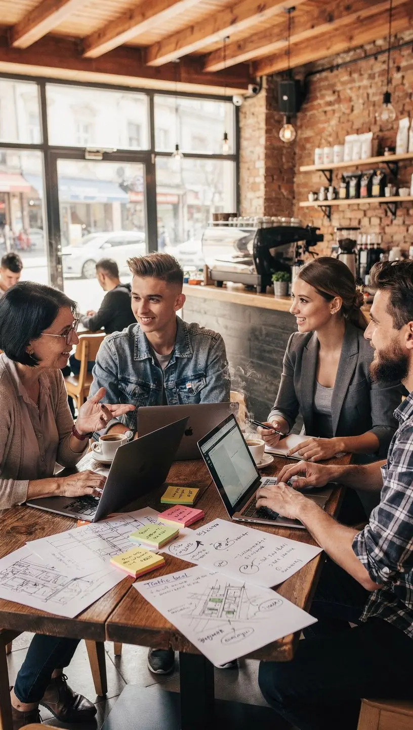 Notițe și schițe pe o masă care evidențiază pași de implementare a soluțiilor în comunitate.